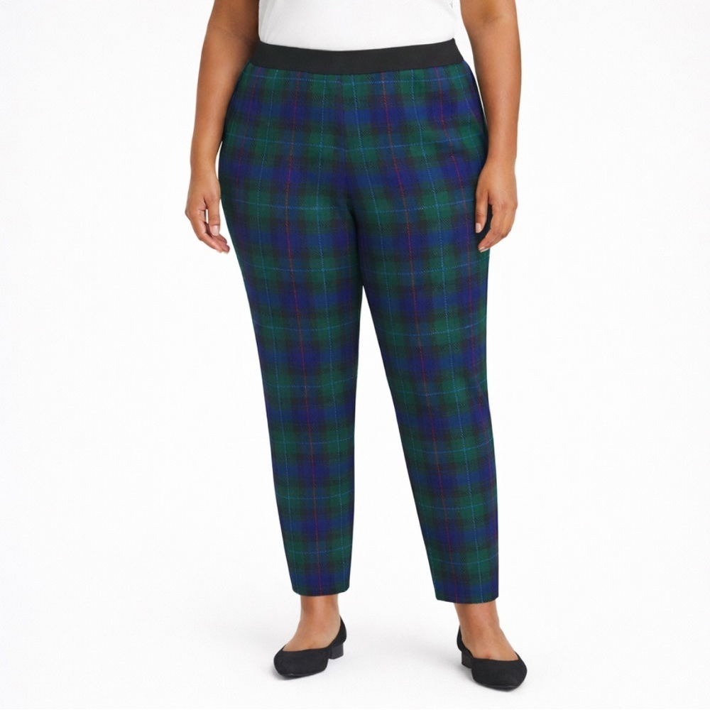 Talbots Soho Ankle Pant Plaid Green Navy Blue 18W NWT Stretch Pull On Tartan